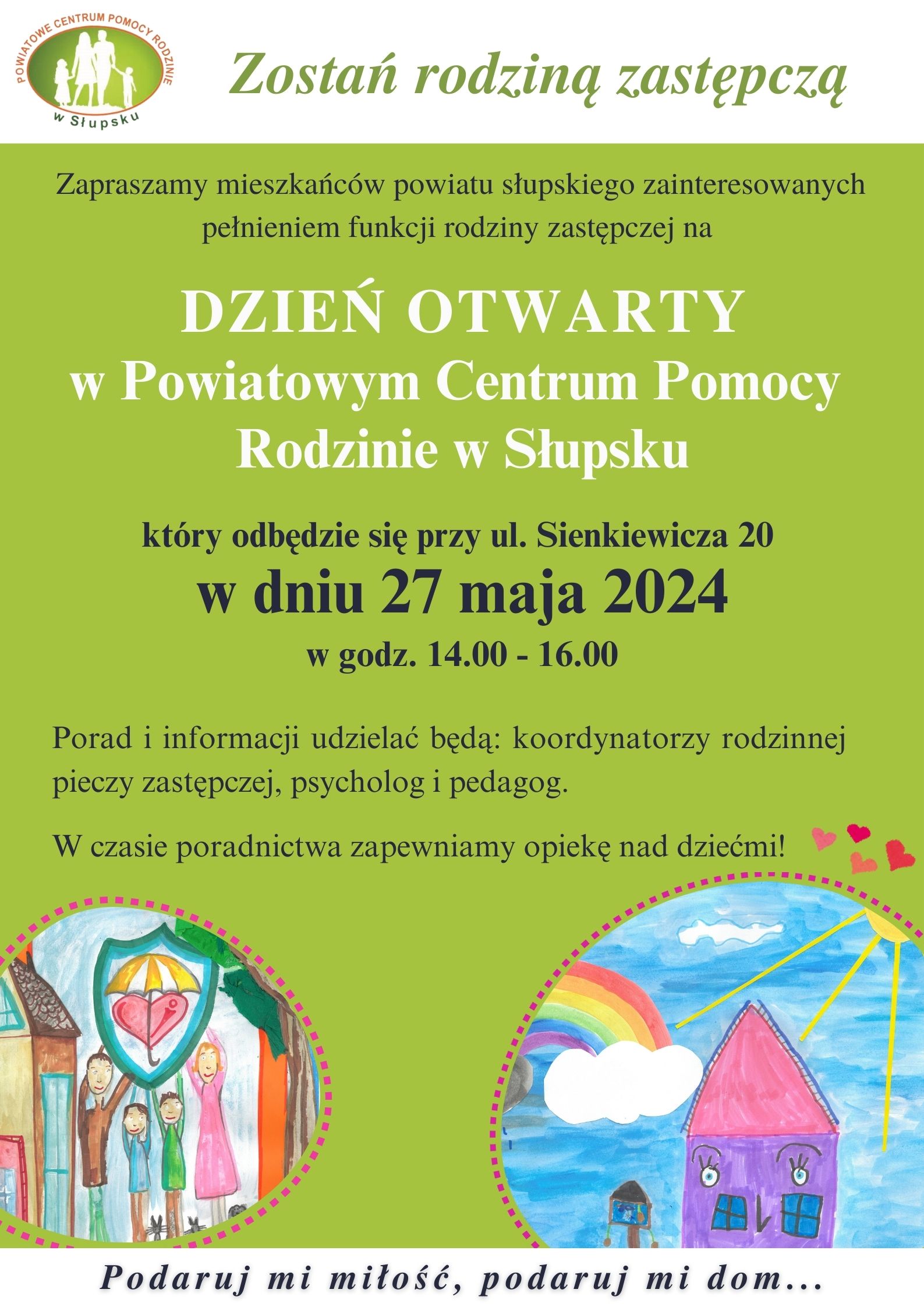 Plakat informujący o dniu otawrtym w powiatowym centrum pomocy w rodzinie 