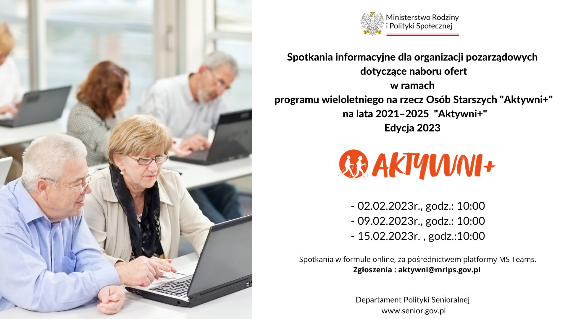 Plakat nt. szkoleń dla organizacji pozarządowych dotyczących naboru ofert w ramach Programu Aktywni Edycja 2023