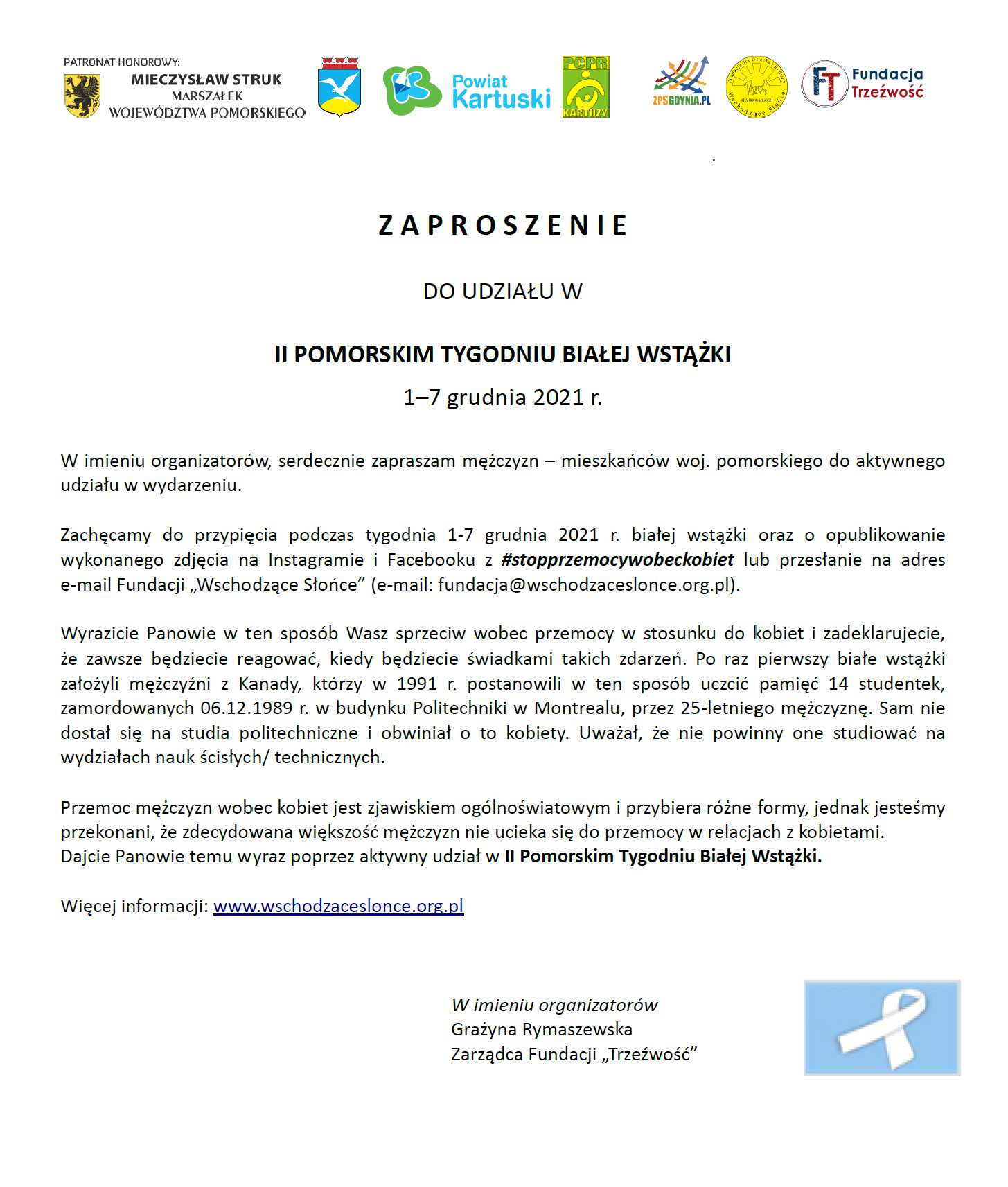 Zaproszenie do udział w II Pomorskim Tygodniu Białej Wstążki 1-7 grudnia 2021 r.